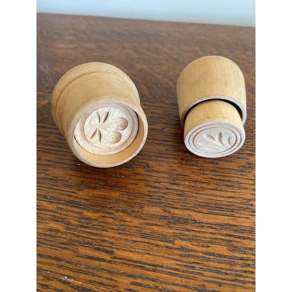 Wooden Butter Stamp Mold Set Cheery And Leaf Small Mini Primitive Antique D3